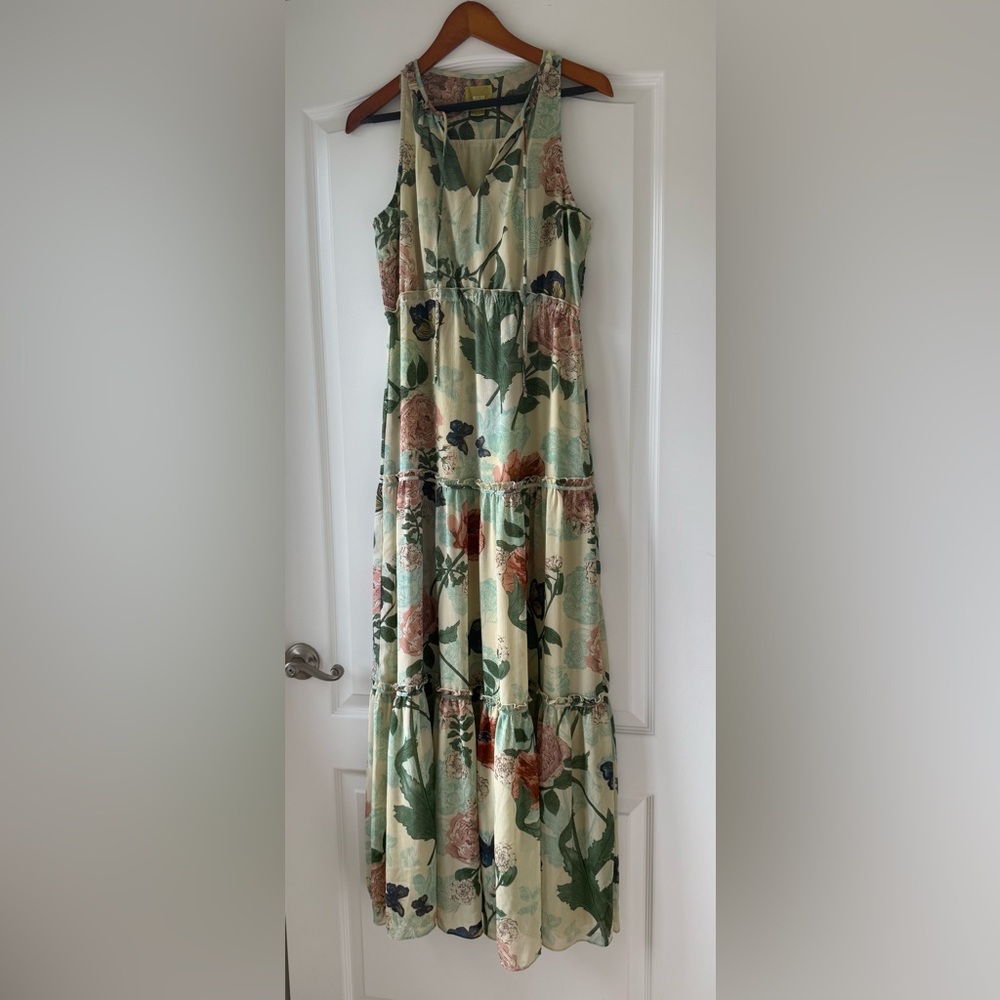 Maeve Anthropologie Tiered Floral Maxi Dress  w/ Pink and Green details - EUC 4